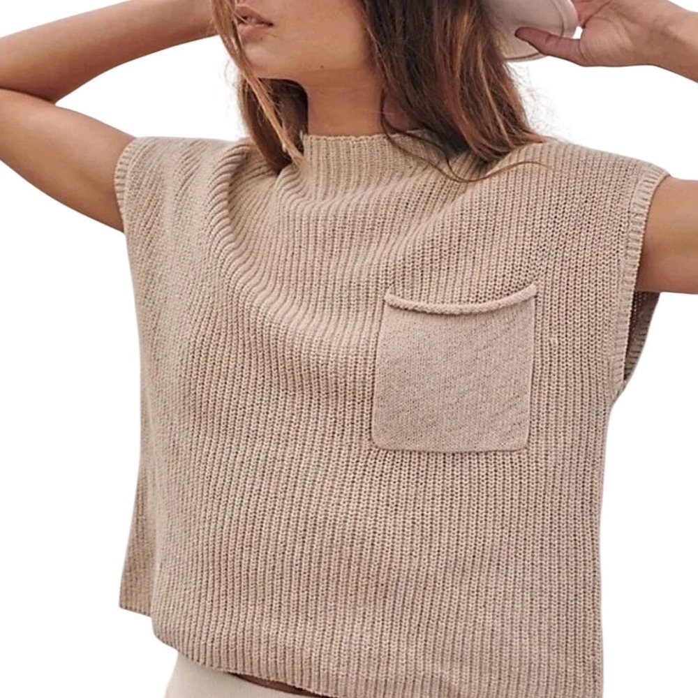 Free People FP Beach Tan Beige Ribbed Cotton Mock Neck Sweater‎ Vest Small